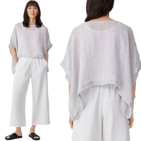 Eileen Fisher Tops - EILEEN FISHER 100% Linen Sheer and Gauze Open Side Poncho w/ Ties Easy Fit